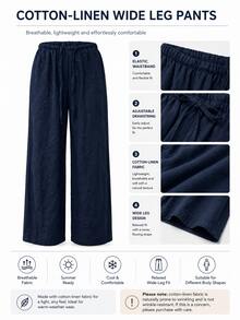 Women's Loose Drawstring Waist Wide Leg Pants, Lightweight Breathable Casual Trousers, Summer, Old Money - Navy Blue - View 8