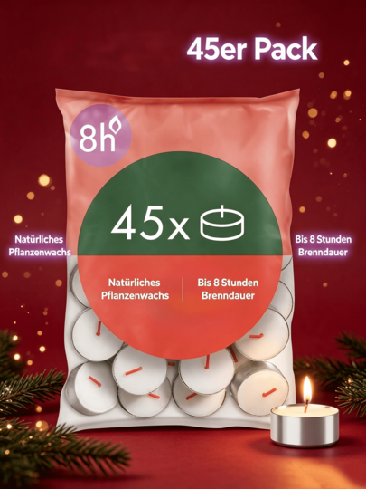 45-pack theelichtjes met een brandtijd tot 8 uur; witte decoratieve kaarsen gemaakt van natuurlijke plantaardige was, geschikt voor tafeldecoratie, feesten en de woonkamer