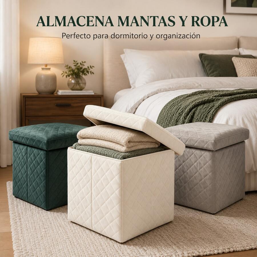 Puf baúl plegable 3 en 1 de terciopelo acolchado, taburete cuadrado almacenable 38*38*35 cm, asiento auxiliar con gran capacidad interior, disponible en 4 tonos elegantes - Blanco - Ver 1