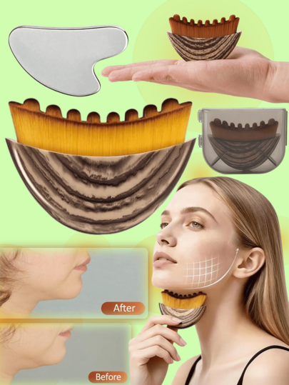 1/2/3pcs Facial Sculpting Massage Set, Stainless Steel Gua Sha Board & Lymphatic Drainage Brush For Chin Jawline Lift, Anti-Puffiness Face Massager Skin Care Tools, Esthetician Supplies For Spa Body Relaxation,Massager