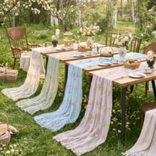 Juego de 3 piezas de camino de mesa transparente con bordado floral (29.5 X 71 pulgadas, verde salvia/champán/blanco), mantel de estilo granja con flores, adecuado para uso diario, vacaciones, bodas, hoteles, fiestas de cumpleaños, decoración del hogar, camping y picnic, todas las estaciones - Camino de mesa de tul bordado con flores silvestres - Ver 12