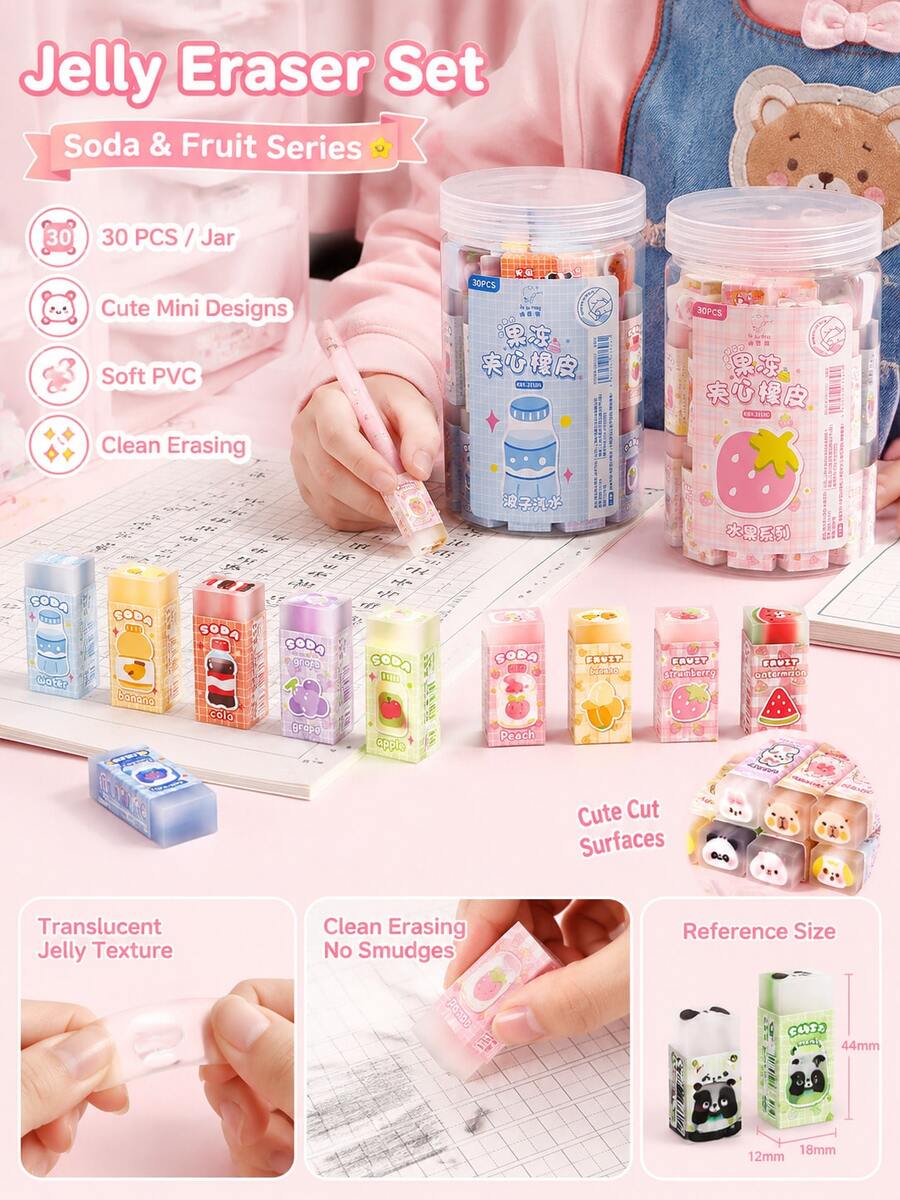 30pcs Bucket Jelly Sandwich Eraser Set, Cuttable Crumb-Free Pencil Erasers For Kids, Elementary School, Kindergarten, Homework & Art - Multicolor - View 1