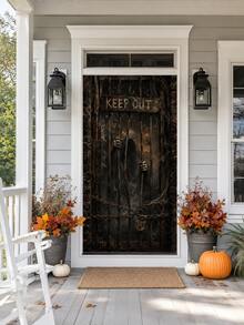 1pc Halloween Horror Door Banner, DO NOT ENTER, LET ME OUT And KEEP OUT Warning Text, Ghost Silhouette, Ghost Hand, Iron Fence And Old Window Print, Multiple Styles Available, Suitable For Front Door, Porch, Haunted House, Party And Indoor/Outdoor Holiday Decoration - Door Knocker - View 8