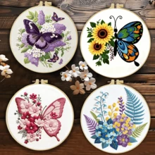 1件 20*20cm/7.9*7.9in 蝴蝶與花卉刺繡套件,DIY手工刺繡套組,適合成人初學者,居家禮物,女性縫紉禮物,包含使用說明書、印花布料、刺繡框、針與線 - 蝴蝶與花朵 - 查看 13