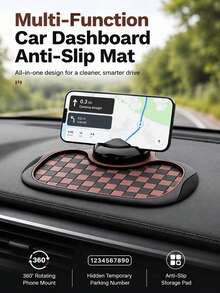 All-In-One Car Dashboard Storage Non-Slip Mat, Adjustable Spring Phone Holder, Fluorescent Hidden Parking Card, Plaid Non-Slip Car Dashboard Mat, Scratch-Resistant Easy Installation Car Accessories, Can Hold Phone, Keys, Glasses, Ornaments, Suitable For Most Car Models - A - View 2
