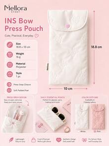 Mellora INS Embossed Bow Snap Button Storage Bag, 2 Colors Available, Cream White/Blush Pink, Lightweight Quilted Fabric Flap Stationery Pouch, Single Slim Portable Storage Box, Suitable For Home Office Daily Writing Tool Organization - Multiple Styles - View 7