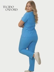 Tas Conjunto de Uniforme Calça e Top com Bolso de Manga Curta e Decote em V para Mulheres Plus Size  elegante    Tecido    Bolso    conjunto - Turquesa - Visão 4