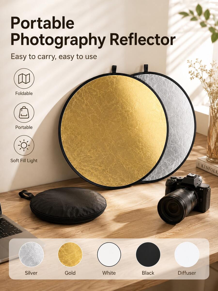 2-In-1 & 5-In-1 Foldable Photography Reflector, Portable Round Gold Silver White Black Soft Light Reflector, Suitable For Portrait, Product, Studio And Outdoor Photography, Multiple Sizes Available - one-size - View 1