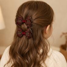 2pcs Red Grey Plaid Bow Hair Clips For Girl, Ribbon Edged Hair Bow,Alligator Clips For Daily,Party, Pastoral Style, Sweet Kids Hair Accessories - Multicolor - View 3