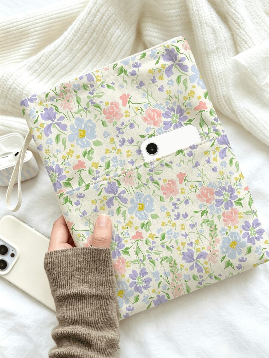 1pc Colorful Floral Quilted Zipper Book Sleeve, 11.02" X 8.66", With Handle For Easy Carrying, Can Store Books, Tablets, Stationery, Thickened Protective Cover, Ideal Choice For Book Lovers, Back To School Essential, Gift For Family, Friends, Teachers, Halloween Gift, Christmas Gift - Multicolor - View 1
