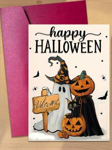 1pc New Halloween Greeting Card Collection, Cute Cartoon Pumpkin Ghost Black Cat Card With Envelope Set - A - View 1