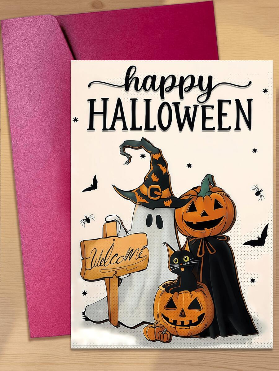 1pc New Halloween Greeting Card Collection, Cute Cartoon Pumpkin Ghost Black Cat Card With Envelope Set - A - View 1