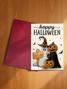 1pc New Halloween Greeting Card Collection, Cute Cartoon Pumpkin Ghost Black Cat Card With Envelope Set - A - View 12