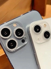 1pc Glitter Apple Lens Protector Integrated Design, Compatible With IPhone 11 12 13 14 15 16 17 Pro Plus Pro Max Mini Camera Lens Protection Ring Frame Cover, Tempered Glass Transparent Lens Film - Silver - View 7