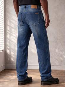 Men's All-Match Dark Blue Washed Straight Leg Jeans, Lightweight Soft Comfortable Stretch Denim Fabric, Casual Commute Minimalist Versatile Long Pants For Young Men - Blue - View 2