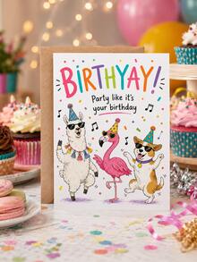 Birthyay Funny Dancing Animal Birthday Greeting Card With Kraft Envelope, Cute Llama Flamingo Dog Party Cartoon Print Confetti Music Note Wish Card, Colorful Lettering Design Novelty Happy Birthday Gift For Kids Adults Friends Family - Multiple Styles - View 5