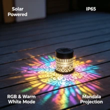 1件裝太陽能曼陀羅投影燈 戶外太陽能燈 空心鐵製花園裝飾燈 IP65 防水 適用於露台 草坪 陽台 樓梯 庭院 RGB 與暖白色變色燈 萬聖節聖誕節戶外裝飾擺件 - 亮光 - 查看 10