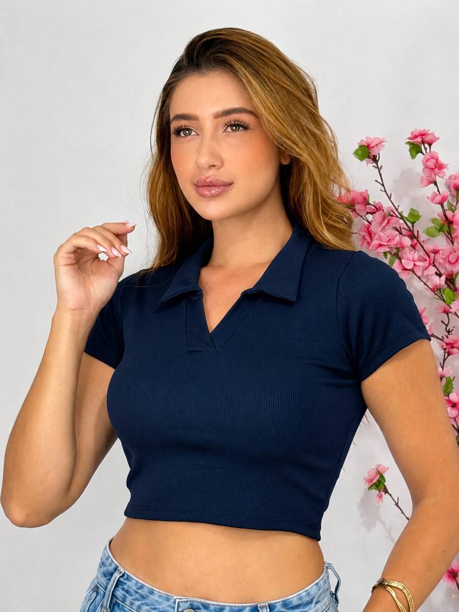 Cropped Gola Polo Manga Curta Canelada 2362 - Diversas Cores Disponíveis - Tamanho Único - Casual, Trabalho, Dia a Dia, Escritório, Extremamente Confortável, Ocasional e Moderno - Azul petróleo - Visão 1