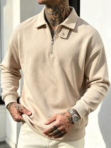 Autumn/Winter Vintage Half-Zip Polo Collar Loose Fit Solid Color Long Sleeve Sweatshirt For Men - Khaki - View 1