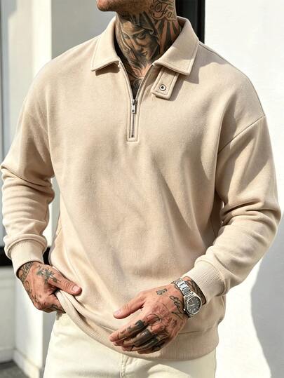 Autumn/Winter Vintage Half-Zip Polo Collar Loose Fit Solid Color Long Sleeve Sweatshirt For Men