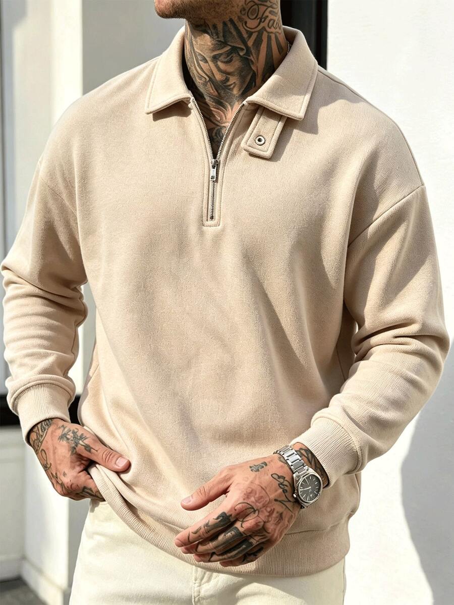Autumn/Winter Vintage Half-Zip Polo Collar Loose Fit Solid Color Long Sleeve Sweatshirt For Men - Khaki - View 1