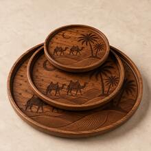 1pc Creative Walnut Wood Plate, Desert Camel Star Moon Date Palm Tree Carved Round Wooden Plate, Western Dinner Plate, Steak Plate, Candy Plate, Fruit Plate, Solid Wood Pizza Board, Serving Tray - View 5