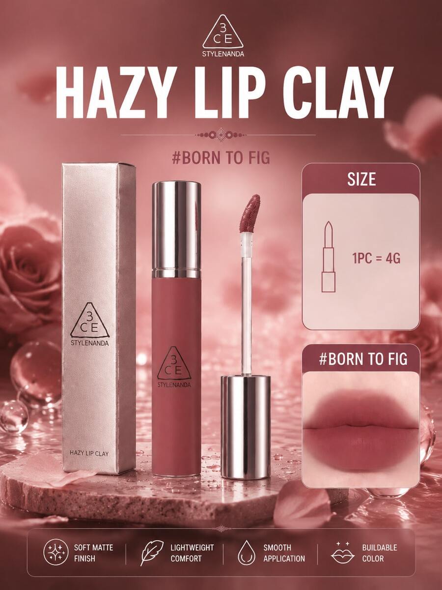 3CE HAZY LIP CLAY#BORN TO FIG 4g，絲滑不拔乾，顯色可疊加，黃皮白皮都適配