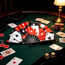 Poker Card Ace Print Folding Hand Fan, Large Size Waterproof Fabric, Loud Snap Sound, Printed With Poker Card Pattern, Foldable And Portable, Suitable For Music Festivals, Nightclubs, Parties As Fashion Accessory - Multicolor - View 3