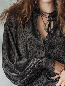 Fashionable Leopard Print Women's Long Sleeve Button-Down Shirt, Contrast Lace Cuffs And Bishop Sleeves, Elegant Polyester Top - Multicolor - View 5