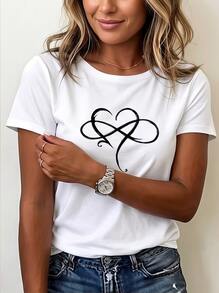 Casual Heart Graphic T-Shirt For Women, Short Sleeve Round Neck, Daily Wear Suitable For Autumn Matching - 白色 - 查看 2