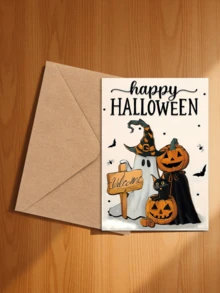 1pc New Halloween Greeting Card Collection, Cute Cartoon Pumpkin Ghost Black Cat Card With Envelope Set - A - View 4