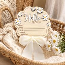 Wooden Daisy Hello World Newborn Birth Information Record Plaque, Name Date Time Weight Height Commemorative Wooden Sign, Bow Baby Photo Prop, Nursery Hanging Decoration, Full Month Anniversary Gift - Multicolor - View 5