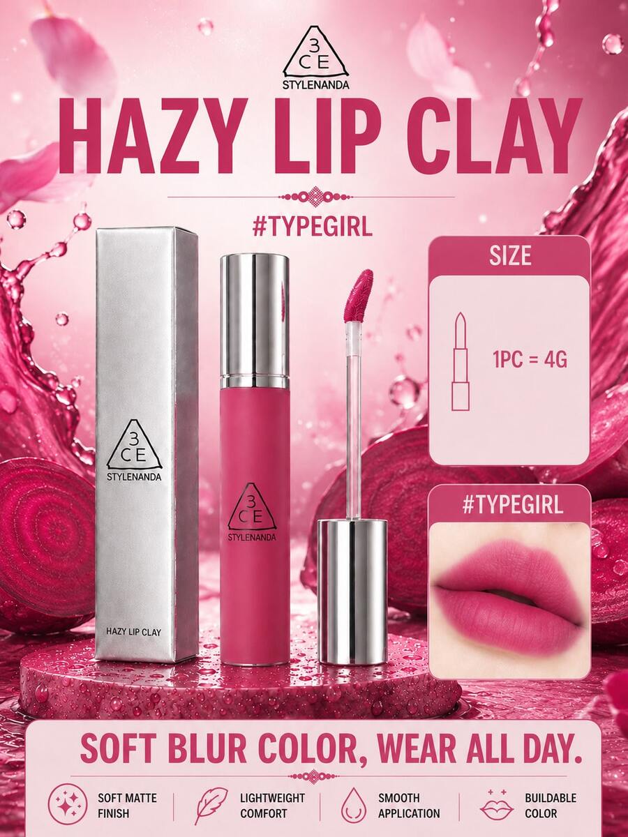 3CE HAZY LIP CLAY#TYPEGIRL 4g，絲滑不拔乾，顯色可疊加，黃皮白皮都適配
