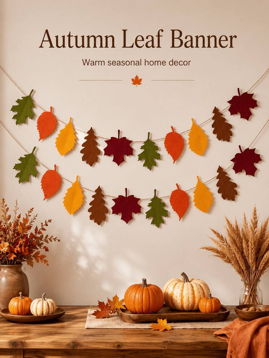 Felt Autumn Maple Leaf Garland Banner Decoration, Colorful Autumn Leaf Hanging Decor, Suitable For Fireplace, Wall, Classroom, Holiday Party, Family Gathering, Autumn Home Decor And Seasonal Home Accessories