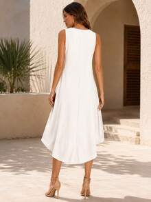 Women's Asymmetrical Dress, Sleeveless High Low Hem Beach Dress, Breathable Summer Midi Dress For Vacation Outfits Women And Resort Wear - 白色2 - 查看 4