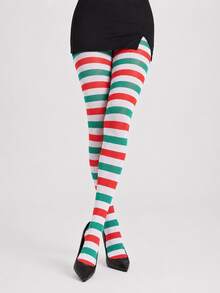 Holiday Cheer 1pc/3pcs Striped Pattern High Waist Pantyhose Red White Green Colorblock Novelty Tights - Multicolor - View 2