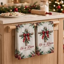 2pcs/Set Christmas Wreath Print Kitchen Towels, He Is Risen English Text, Holly Red Berry Plaid Bow Pattern Hand Towels, Oven Door Decorative Hanging Towels, Holiday Home Kitchen Decor, 4/6/8pcs Boxed - Multicolor - View 3