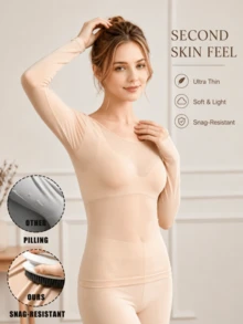 Women's Seamless Base Layer Top, Ultra-Thin Thermal Heat-Generating Innerwear, Long Sleeve Crew Neck, High Elasticity, Autumn/Winter Style - Apricot - View 6