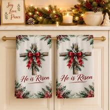 2pcs/Set Christmas Wreath Print Kitchen Towels, He Is Risen English Text, Holly Red Berry Plaid Bow Pattern Hand Towels, Oven Door Decorative Hanging Towels, Holiday Home Kitchen Decor, 4/6/8pcs Boxed - Multicolor - View 1