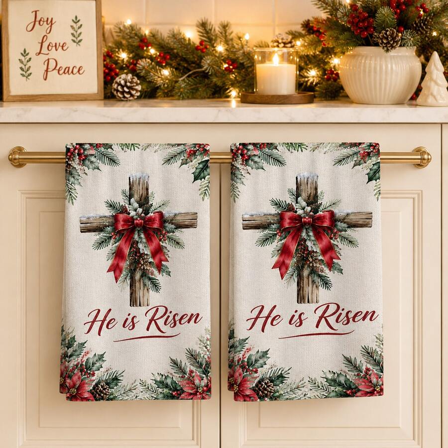 2pcs/Set Christmas Wreath Print Kitchen Towels, He Is Risen English Text, Holly Red Berry Plaid Bow Pattern Hand Towels, Oven Door Decorative Hanging Towels, Holiday Home Kitchen Decor, 4/6/8pcs Boxed - Multicolor - View 1