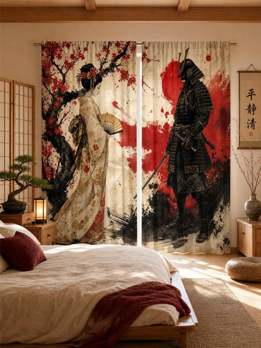 2pcs Vintage Distressed Japanese Sakura Samurai Geisha Pattern Printed Semi-Sheer Curtains, 90GSM Polyester Semi-Sheer Privacy Protection, Easy Installation, Quick Dry, Fade-Resistant, Lightweight Removable Washable Curtains, Suitable For Home, Room, Kitchen And Other Partitions Or Decoration - Multicolor - View 1