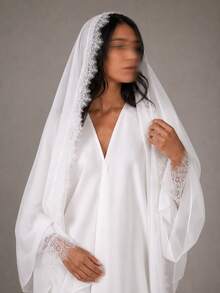 Hafizah Modest Middle Eastern Clothing Muslim Women's Chiffon & Lace Trim Abaya With Headscarf - White - View 4