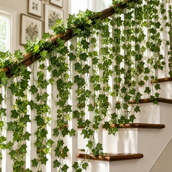 48/24/12pcs Artificial Vine Decor, Outdoor Artificial Evergreen Vine Wreath With Clips, Green Flower Hanging Plants, Fake Green Leaves Garland, For Room Decor, Home Garden Wall Wedding Decoration, Outdoor Garden Decor, Autumn Decor