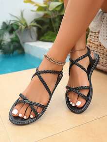 New Women's White Flat Sandals With Woven Straps, Cross-Over Open Toe, Square Toe, Comfortable Design, Bohemian Style For Beach And Vacation - Black - View 1