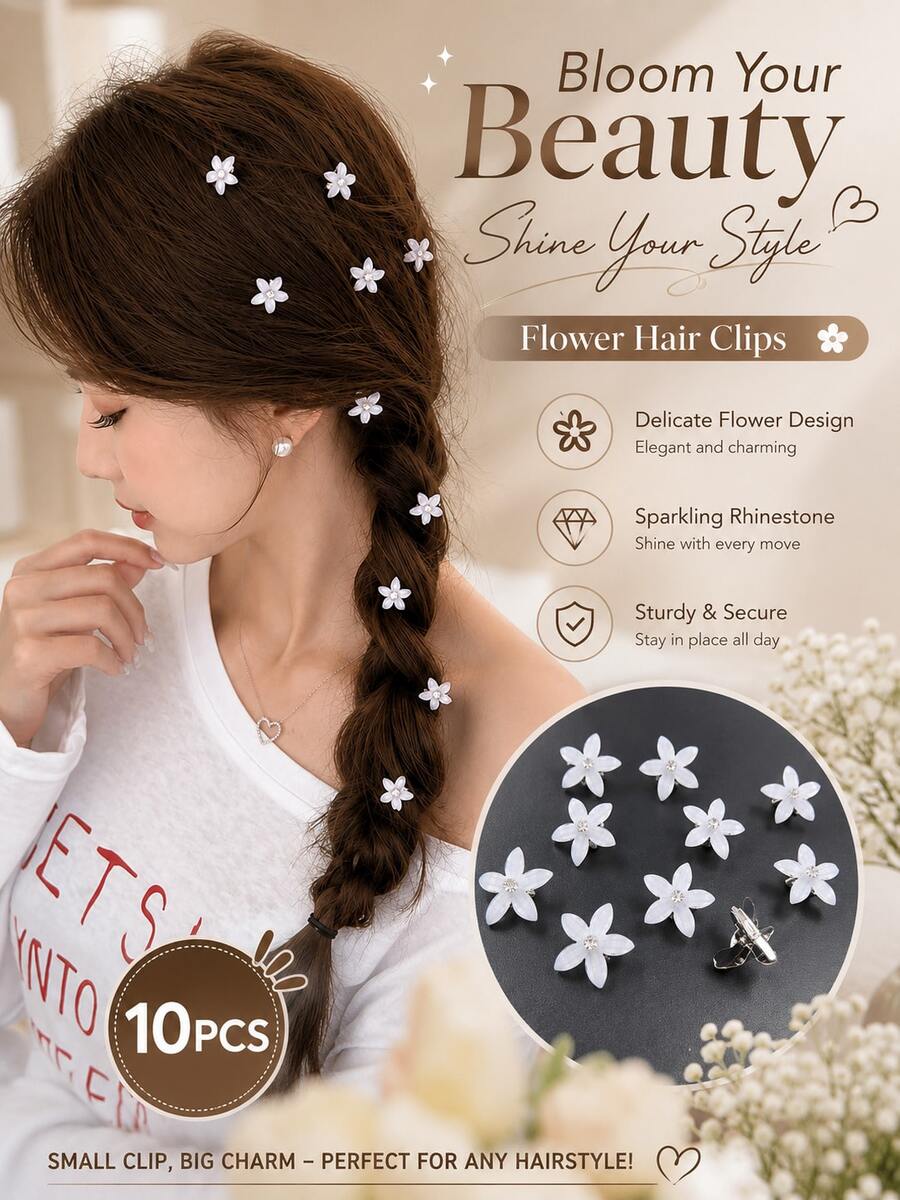 topshiny 10PCS White Flower Hair Rings, Mini Floral Hairpin For Braids, DIY Hairstyle Decor, Cute Hair Accessories For Women And Girls - White - View 1