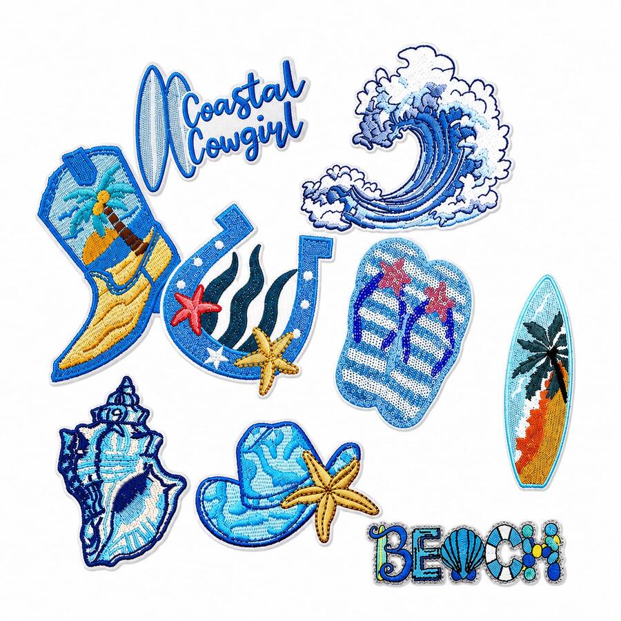 1pc Blue Summer Sequin Iron On Patches Tropical Beach Ocean Embroidered Applique Pink Patches For Hats, Clothes, Bags, Jackets, Backpacks, Vacation Decor - Blue - View 1