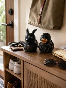 1pc 3.15 Inch Resin Gothic Punk Duck Figurine, Black Demon Horns And Bronze Chain Spike Design, Desktop Home Decor, Halloween Decoration And Unique Gift - Multiple 3 - View 3
