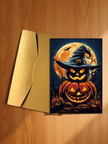 1pc Cross-Border New Halloween Greeting Card Collection, Cute Cartoon Pumpkin Ghost Black Cat Greeting Card With Envelope Set - B - View 15