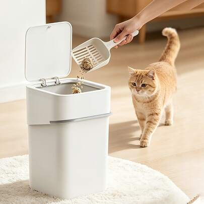 Cubo de basura para arena de gato con pala y gancho de pared, contenedor de eliminación de desechos de mascotas tipo presión, cubo de arena de gato con doble control de olores, contenedor compacto de arena de gato con bolsas de basura, para uso doméstico