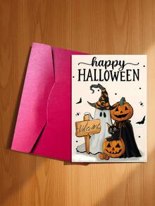 1pc New Halloween Greeting Card Collection, Cute Cartoon Pumpkin Ghost Black Cat Card With Envelope Set - A - View 14
